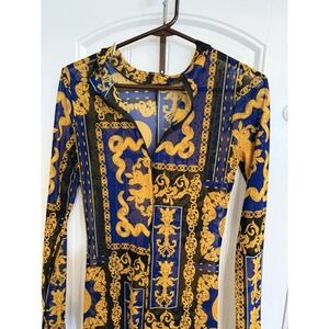 Votique LA Sheer Mesh Baroque Catsuit Blue Gold Stretch XS S Thumb Holes.   3921